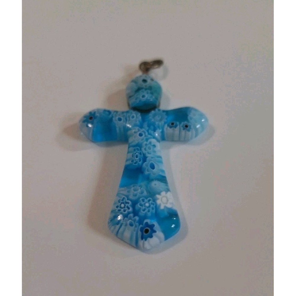 Glass Of Venice Murano Glass Tender Blue Millefiori Elegant Cross Pendant
